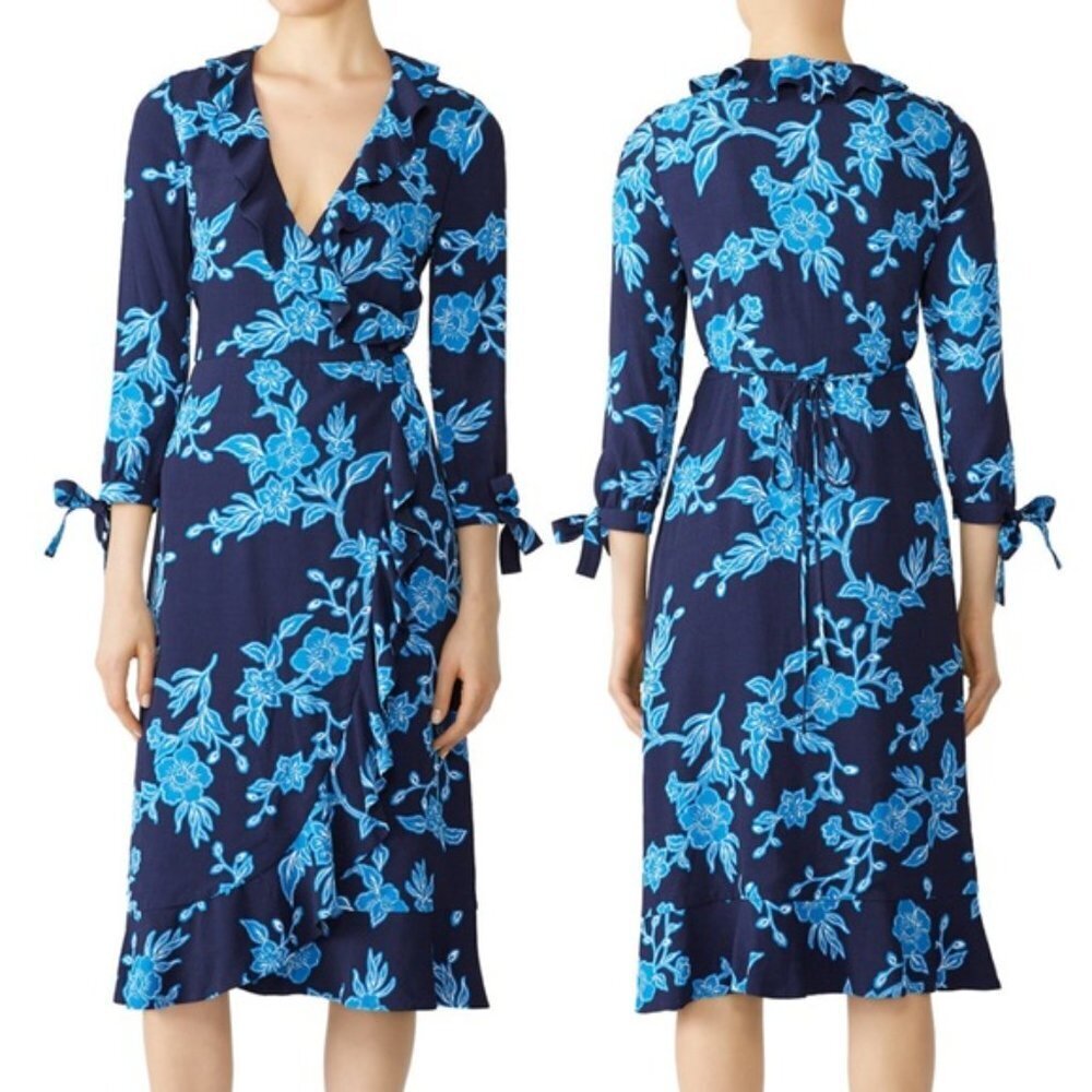 Draper James Wrap Dress Geranium Floral Navy Blue Size 6